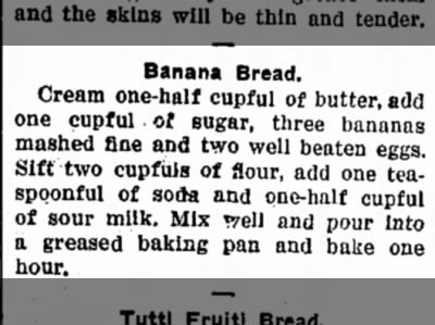 Banana Bread Recipe, 1930