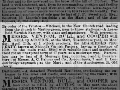 Nicholl's Varnish Factory, Church Road, Mitcham for sale in 1880