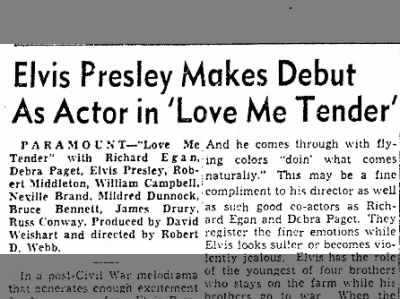 November 15, 1956 - Elvis make film debut in Love Me Tender.