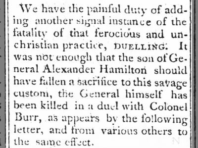 Alexander Hamilton killed in duel