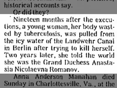 Anderson tells the world she is Anastasia after being pulled from the Landwehr Canal