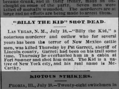 Billy the Kid shot dead