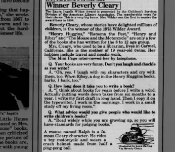 Beverly Cleary given Wilder Award, 1975